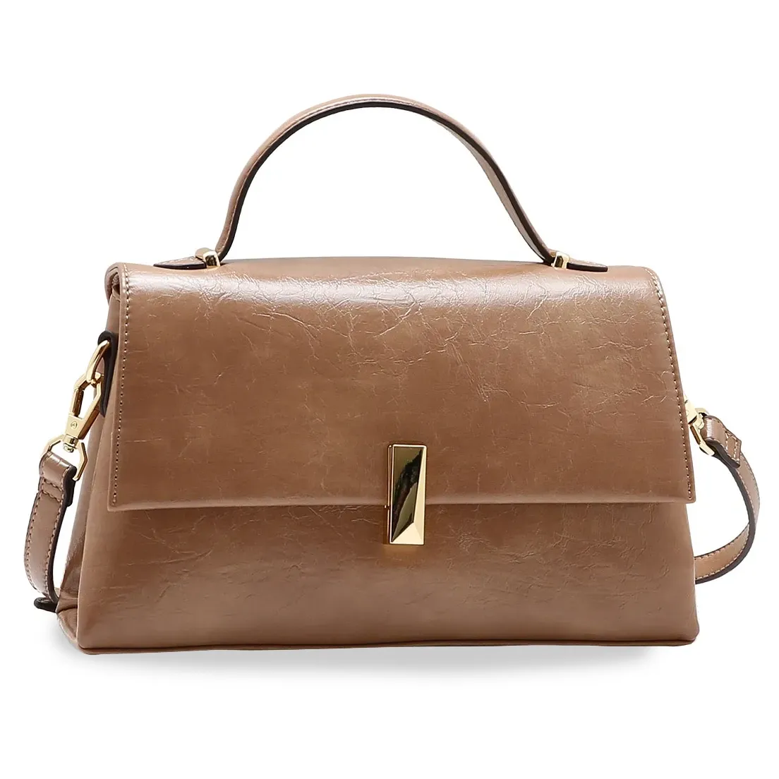 Bolsa feminina Chenson bege com acabamento liso, alça superior fixa e alça lateral removível com ferragens douradas, vista frontal